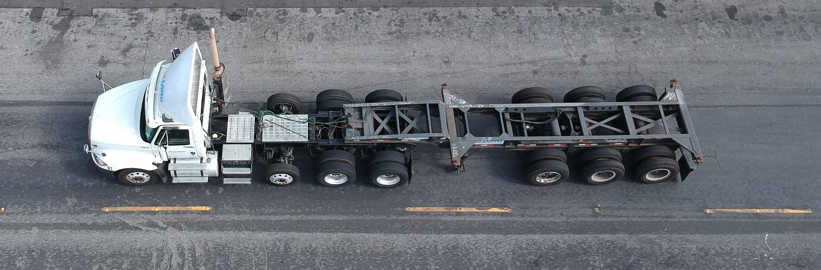 Overhead view of a DK Express day cab coupled to a chassis